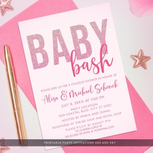 Pink Glitter Baby Bash Invitations, Girl Baby Shower Invitation, Editable Invitation, Printable Invitation, Instant Download, Corjl File