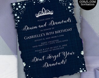 Denim and Diamonds Birthday Invitation: Printable Sweet 16, Corjl (DIY Editable)