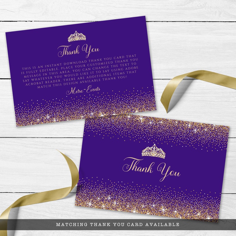 May include: Purple thank you cards with gold glitter accents and a gold tiara graphic. The cards have the words "Thank You" in elegant script. Text on the card states it is fully editable.