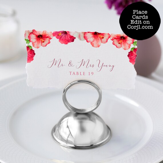 Tropical Floral Table Placement Cards, Pink Escort Cards, Place Card Template, Wedding Table Card, Name Card, Place Cards, Corjl Template Il_570xn