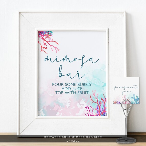 Coral Mimosa Bar Sign and Tags, Beach Themed Sign Template, Bar Sign, Printable Signs, Editable Signs, Instant Download, Mimosa Bar Tags Il_570xn