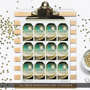 May include: Twelve printable gift tags featuring a whimsical moon and forest scene. The tags are teal green with a white moon, stars, and the text "Thank You for Stargazing with Us".