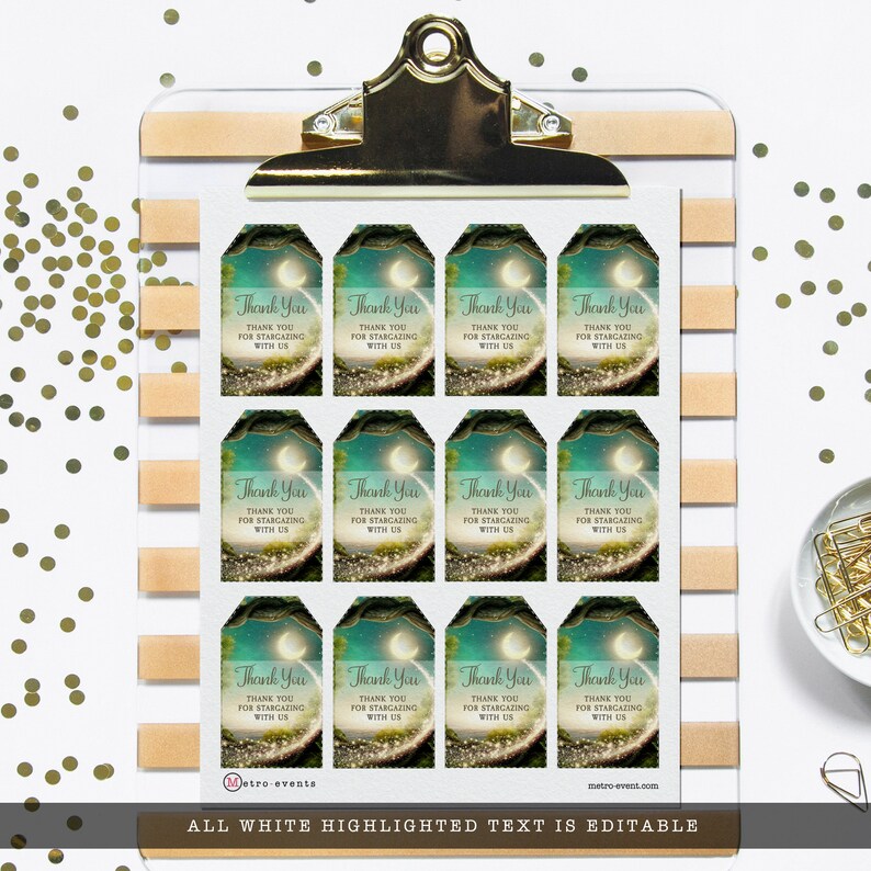 May include: Twelve printable gift tags featuring a whimsical moon and forest scene. The tags are teal green with a white moon, stars, and the text "Thank You for Stargazing with Us".