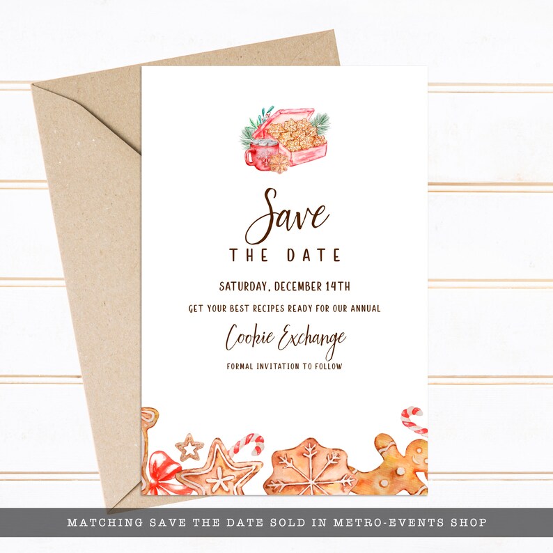 Nothing brings us together like baked goods, this holiday save the date card is a perfect addition to customizing the cookies exchanged at Christmas time. Designed By MetroEvents.