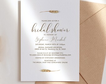 Minimalist Rustic Wheat Bridal Shower Invitation, Editable Printable Corjl Invite Template DIY