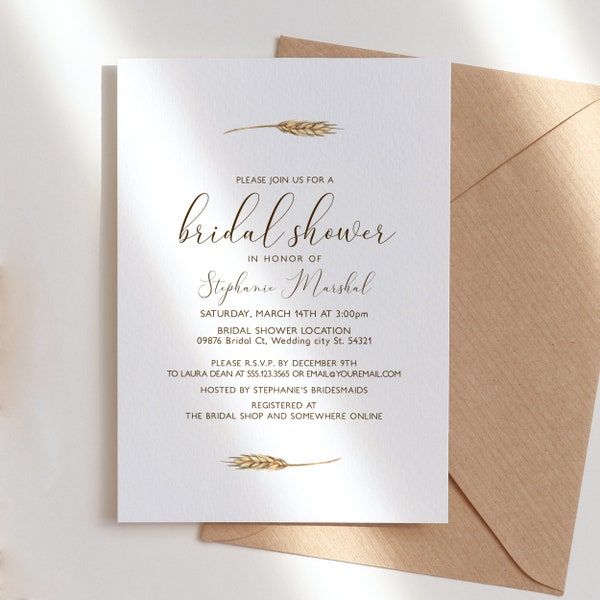 Minimalist Rustic Wheat Bridal Shower Invitation, Editable Printable Corjl Invite Template DIY