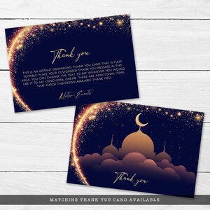 Peut inclure: Deux cartes de remerciement rectangulaires sur fond bleu fonc&eacute; avec des accents de paillettes dor&eacute;es. Une carte affiche le texte Thank you et Metro-Events avec des instructions d'&eacute;dition. L'autre montre une silhouette de mosqu&eacute;e et un croissant.