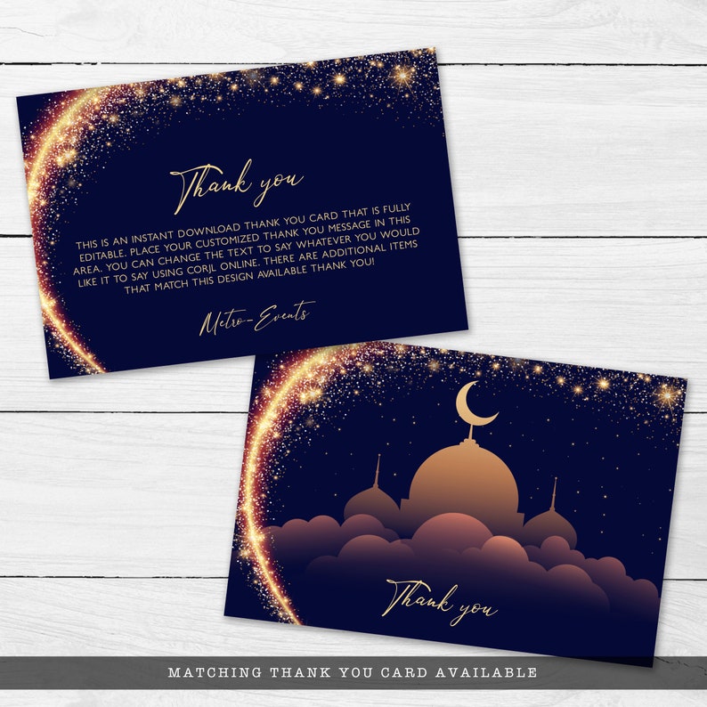 Peut inclure: Deux cartes de remerciement rectangulaires sur fond bleu fonc&eacute; avec des accents de paillettes dor&eacute;es. Une carte affiche le texte Thank you et Metro-Events avec des instructions d'&eacute;dition. L'autre montre une silhouette de mosqu&eacute;e et un croissant.