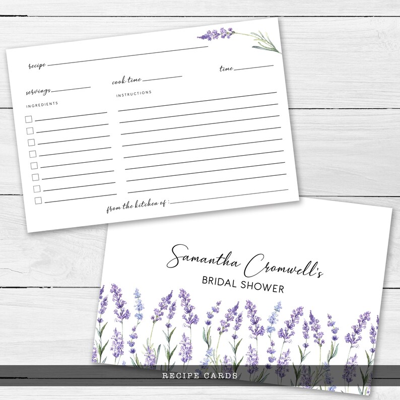 May include: Two white rectangular recipe cards featuring a watercolor lavender illustration. One card displays fields for recipe, servings, cook time, ingredients, and instructions. The other card reads Samantha Cromwell's BRIDAL SHOWER.