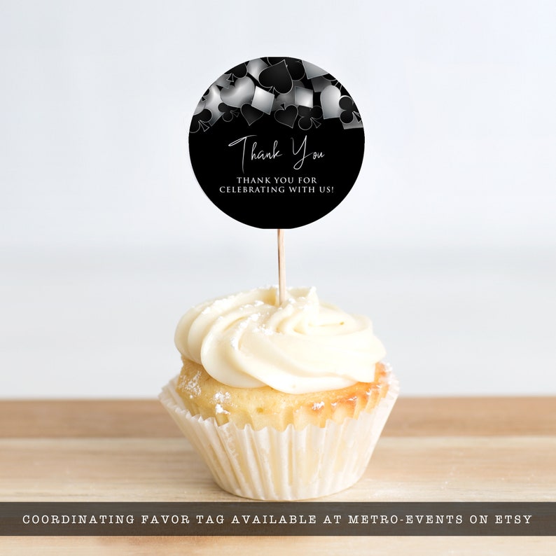printable cupcake topper with Customizable Corjl Template Silver and Black Casino Night with Hearts Spades Clubs Diamonds Perfect for Birthday Party Favors and Decorations