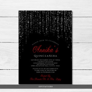 Editable Invitations For sweet 16 parties or Quinceanera features silver sparkles falling from the top of a black background with red rose accents. Designed By MetroEvents.