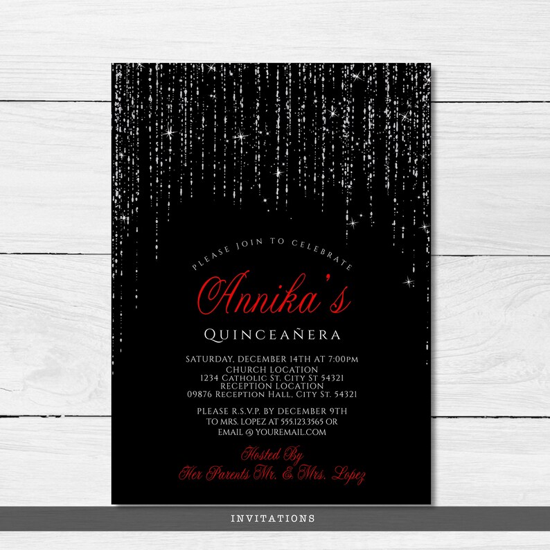 Editable Invitations For sweet 16 parties or Quinceanera features silver sparkles falling from the top of a black background with red rose accents. Designed By MetroEvents.