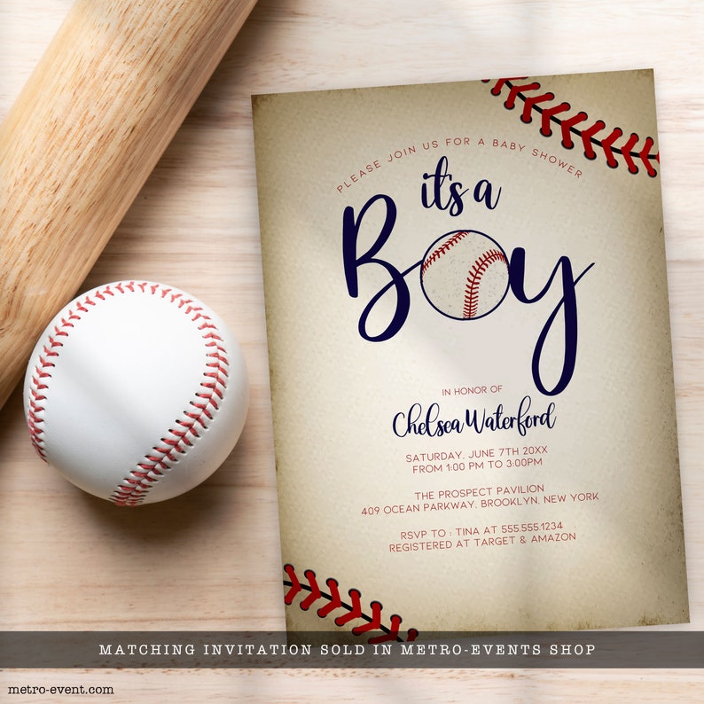 Vintage Baseball Baby Shower Invitations. This sporty invite is created with a vintage texture background accented with baseball laces. Designed by MetroEvents.