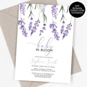 Wildflower Baby Shower Invitation, Floral Baby in Bloom Invitation Template, Baby in Bloom Invitation, Edit with Corjl, Lavender Invitation