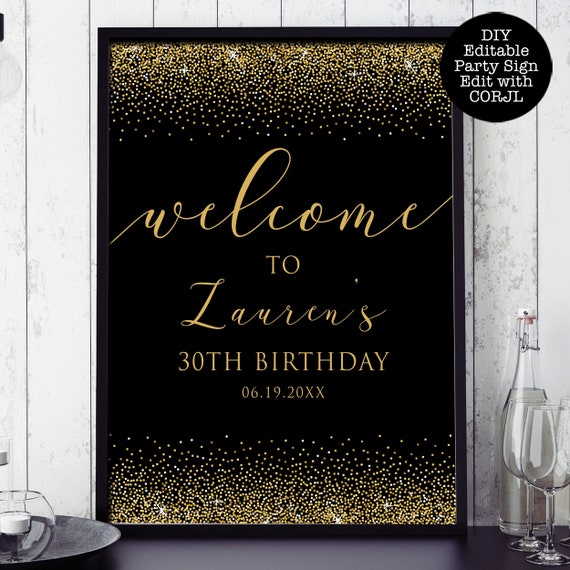 Black and Gold Glitter Party Sign, Printable Welcome Sign, Editable Welcome Party Sign, Instant download, Corjl Template, Black & Gold Signs Il_570xn