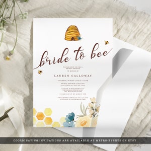 Bride-to-be Bridal Shower Bee-Themed Invitation with Blue and White Flowers, Honeycomb, and Bees.