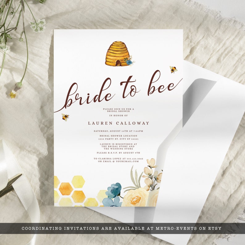Bride-to-be Bridal Shower Bee-Themed Invitation with Blue and White Flowers, Honeycomb, and Bees.