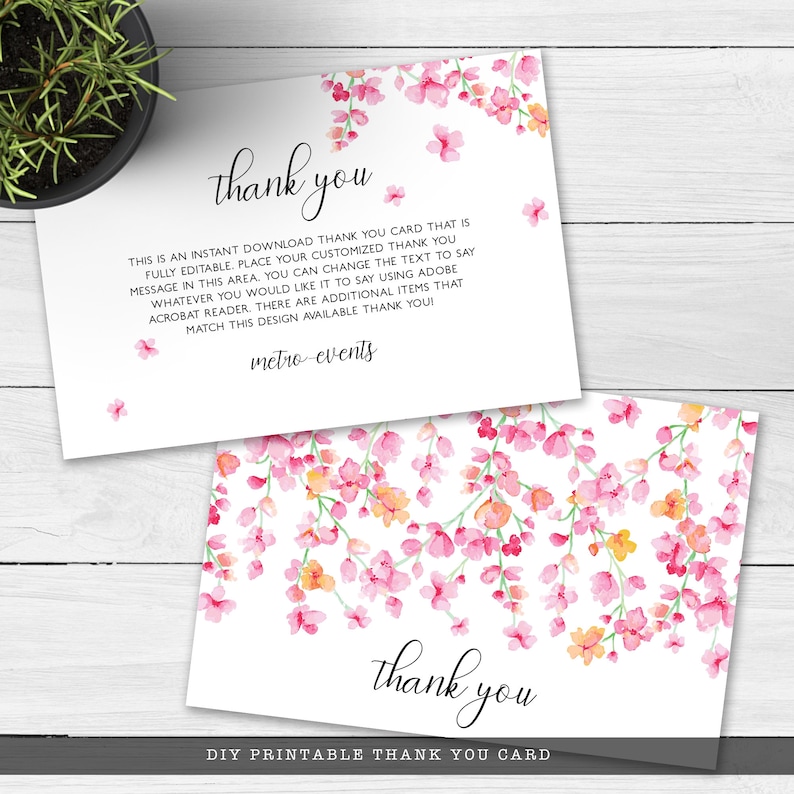 Cherry Blossom Thank you Card Printable Thank You Card Thank You Note Pink Floral Thank You Cards Custom Thank You Cards Editable Card