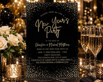 Black and Gold New Year's Eve Invitation | Editable NYE Party Invite | Elegant Black Tie New Year Party Invitation