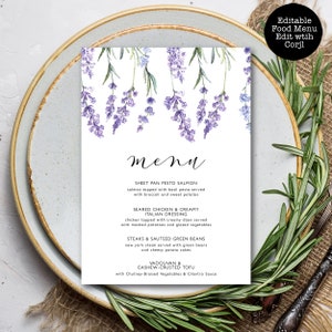 Menú de comida de lavanda campestre, menú floral púrpura, menú de cena personalizado, menú de cena editable, descarga instantánea, menú imprimible, plantilla Corjl