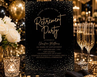 Black and Gold Retirement Invitation Editable | Luxury Retirement Party Invitation | Elegant Black Tie Retirement Invite