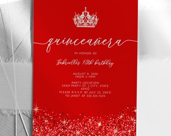 Editable Red Quinceanera Invitation, Sparkling Quinceanera Invitation, Mis Quince Invitation, Printable Quince Invitations, Corjl Template