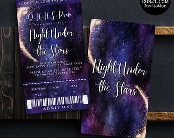 A Night Under The Stars Invitation, Printable Birthday Invitation, Galaxy Invitations, Ticket Invitations, Corjl Template, Instant Download