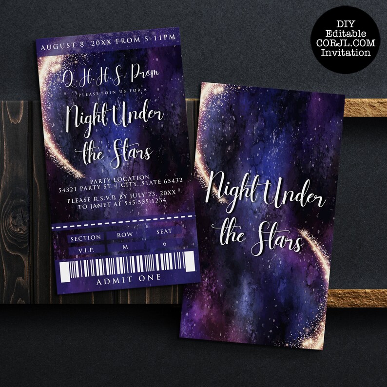 Night under the stars, galaxy-themed invitation. This design is created with a star-filled purple and blue starry sky background with a half-ring of shooting stars training through it. Designed by MetroEvents.