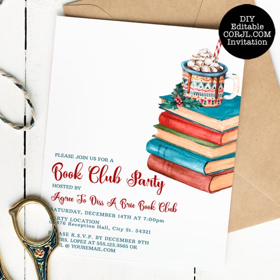 Holiday Book Club Invitation, Vintage Book Club Invitations, Printable Invitation, Christmas Invitations, Corjl Template, Editable Invites Il_570xn
