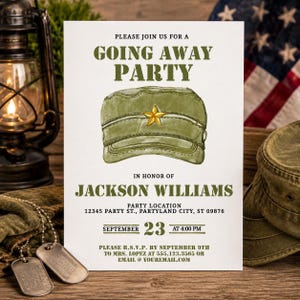 May include: A Going Away Party invitation with a watercolor illustration of a military cap with a gold star. The invitation includes the text "Going Away Party" and details for Jackson Williams' party, including the date, time, and RSVP information.