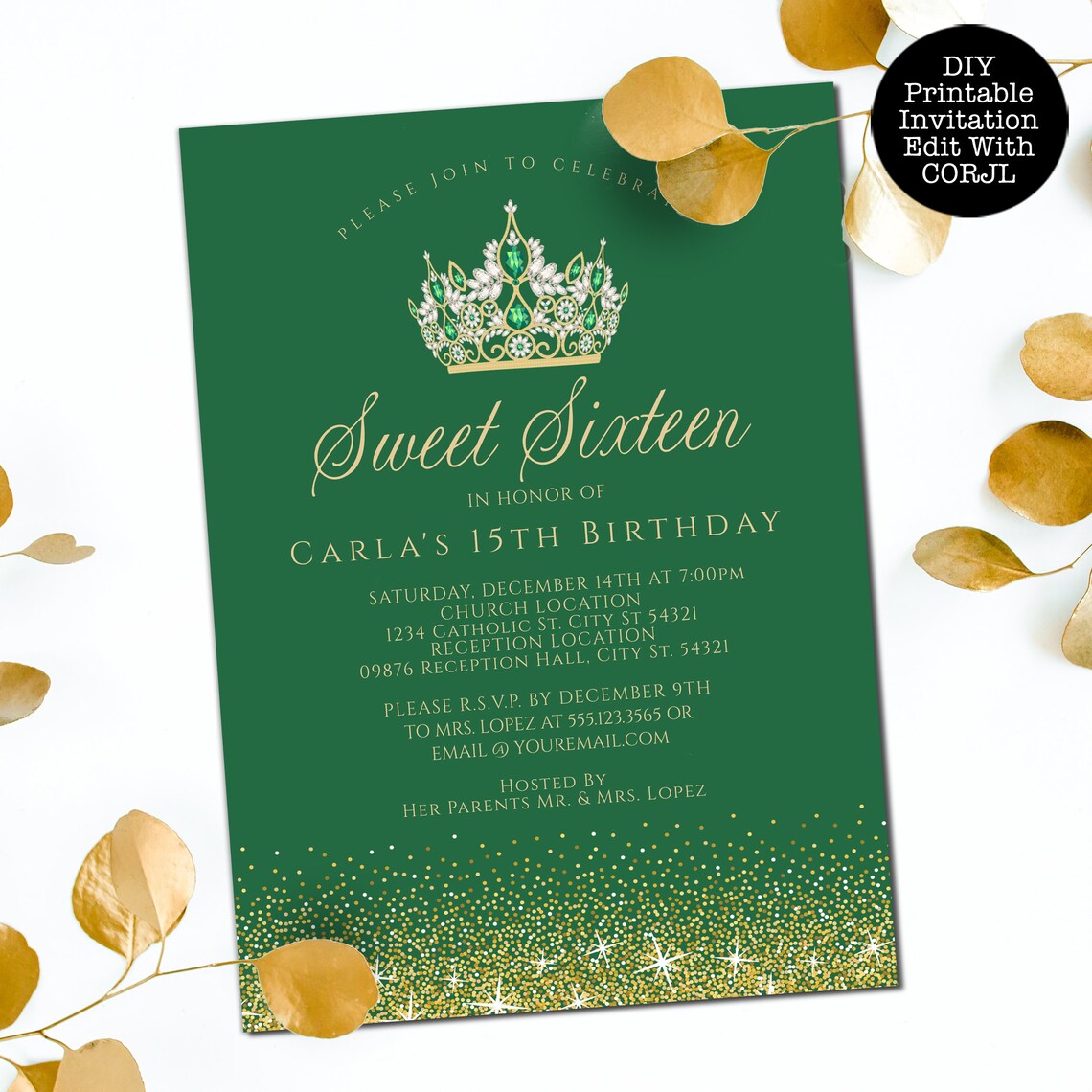 Green Sweet Sixteen Invitations Gold and Green Glitter Sweet Etsy