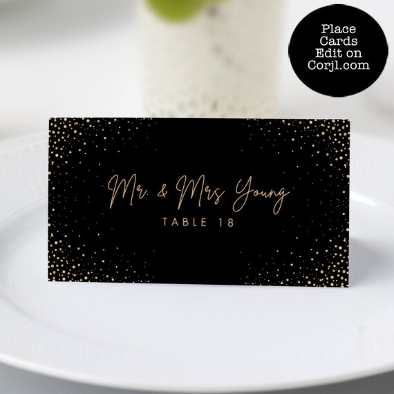 Black and Gold Place Card, Minimalist Table Card, Modern Style Escort Card, Black and Gold Name