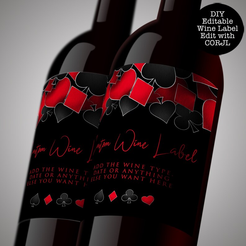 Roll the dice, throw down your royal flush it's casino night! Fun and elegant adult party wine labels are designed with a black background with hearts, spades, diamonds, and clubs' upper frame. Designed by MetroEvents