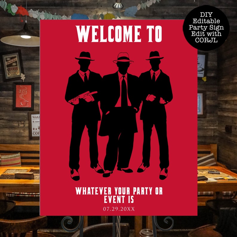 K&ouml;nnte beinhalten: Ein rotes Willkommens-Schild mit drei schwarzen Silhouetten von M&auml;nnern in H&uuml;ten und Anz&uuml;gen. Der Text auf dem Schild lautet "Willkommen zu Ihrer Party oder Veranstaltung 07.29.20XX".