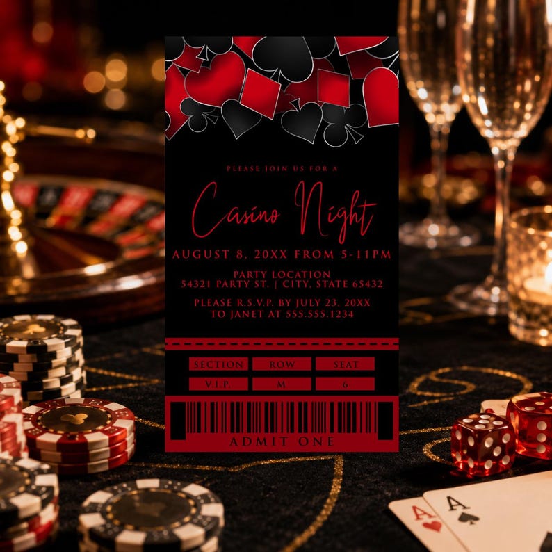 May include: A rectangular Casino Night invitation card featuring red and black playing card suit icons at the top. The text reads: Please join us for a Casino Night, August 8, 20XX from 5-11PM, Party Location 54321 Party St., City, State 65432, RSVP by July 23, 20XX to Janet at 555.555.1234. The bottom includes a ticket-style section with a barcode and the text Admit One.