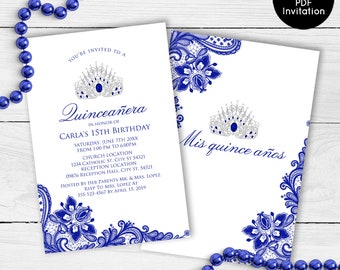 Royal Blue Lace Quinceanera Invitations, Quinceañera Invitations, Quinceañera Crown Invitations