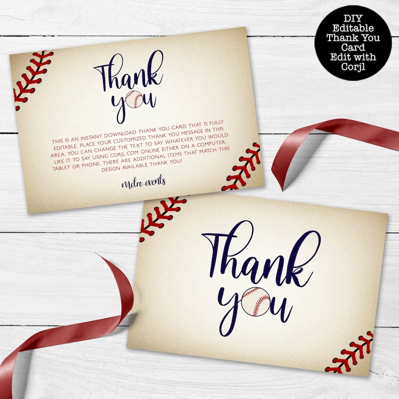 Instant Download Corjl Template Vintage Baseball Thank You Card Printable Thank You Card Baseball Thank You Card Sports Thank You Notes