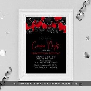 Roll the dice, throw down your royal flush it's casino night! Fun and elegant adult party invitations are designed with a black background with hearts, spades, diamonds, and clubs' upper frame. Designed by MetroEvents