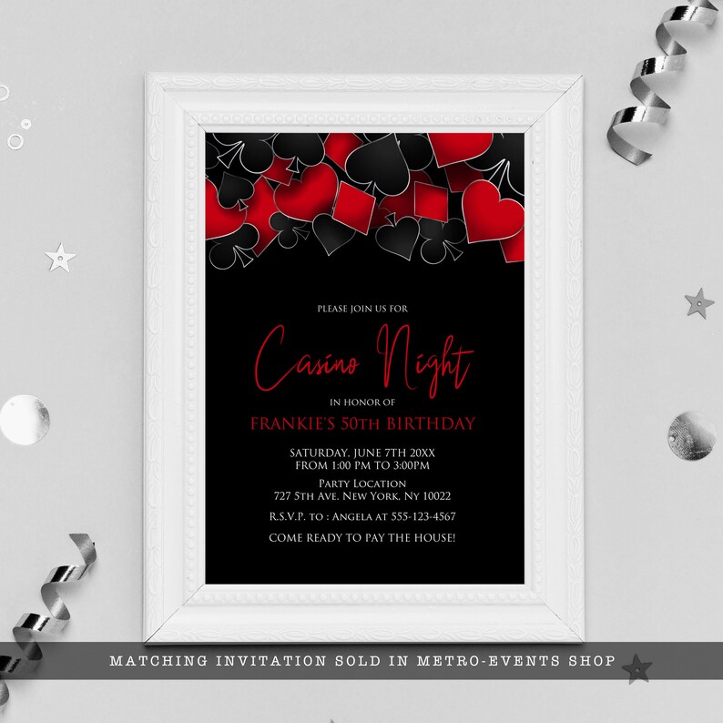 Roll the dice, throw down your royal flush it's casino night! Fun and elegant adult party invitations are designed with a black background with hearts, spades, diamonds, and clubs' upper frame. Designed by MetroEvents