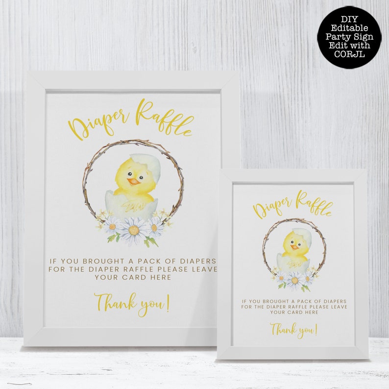 May include: Two white framed signs with text and illustrations for a baby shower. The signs read "Diaper Raffle" in gold script, with a watercolor chick illustration. The text below reads "If you brought a pack of diapers for the diaper raffle please leave your card here. Thank you!"