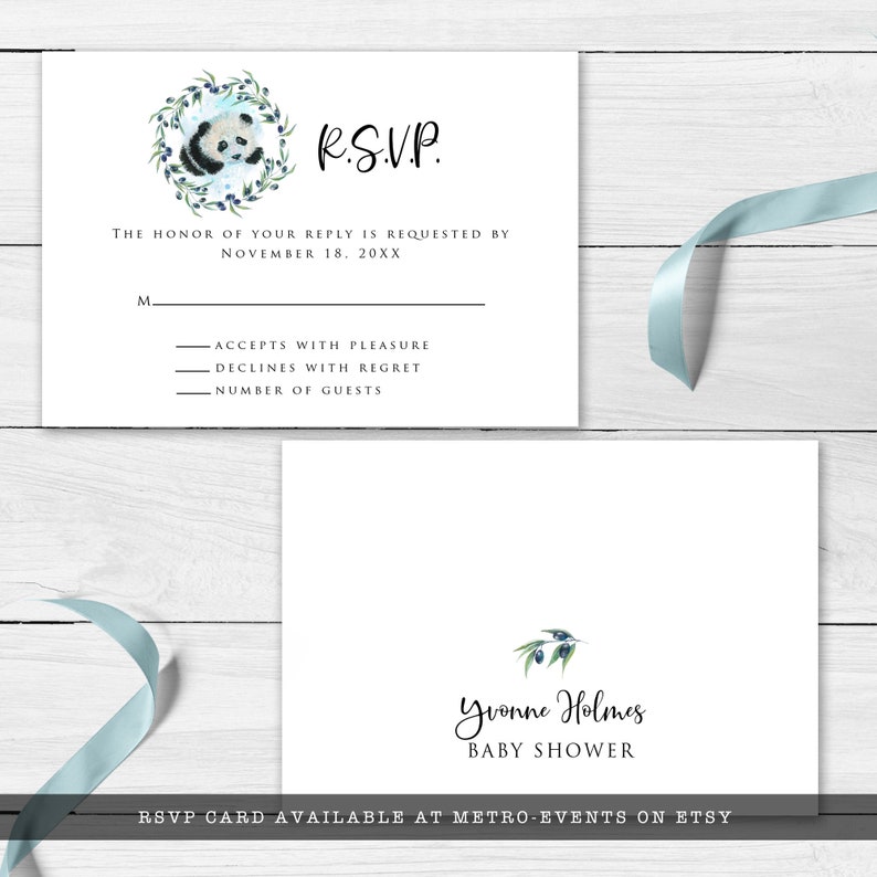 May include: White RSVP card with a panda bear illustration surrounded by a green wreath and blue berries. The card includes the text "R.S.V.P." and prompts for a reply by November 18, 20XX. A second card reads "Yvonne Holmes BABY SHOWER".