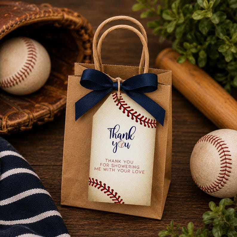 May include: A brown paper gift bag with twisted paper handles, featuring a navy blue ribbon bow and a rectangular tag. The tag displays a baseball graphic, the text Thank you, and the text THANK YOU FOR SHOWERING ME WITH YOUR LOVE.