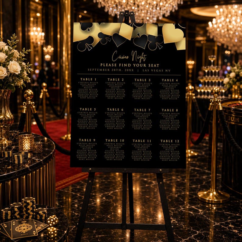 May include: A black and gold casino night seating chart sign on an easel. The top features playing card suit icons. Text reads: Casino Night, PLEASE FIND YOUR SEAT, SEPTEMBER 28TH, 20XX, LAS VEGAS NV, followed by a list of twelve tables with names.