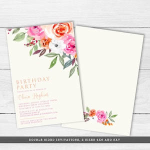 May include: Two-sided birthday party invitations with a watercolour floral design. The invitations feature pink, orange, and white flowers with green leaves. Text includes "Birthday Party" and event details. Available in 10x15cm and 13x18cm sizes.