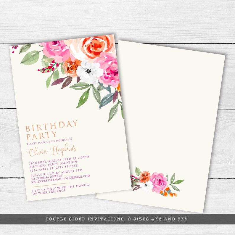 May include: Two-sided birthday party invitations with a watercolour floral design. The invitations feature pink, orange, and white flowers with green leaves. Text includes "Birthday Party" and event details. Available in 10x15cm and 13x18cm sizes.