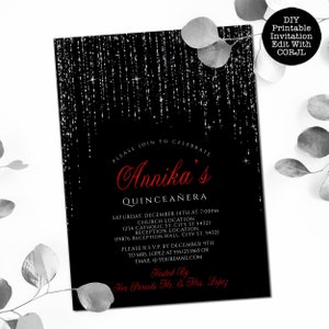 Editable Invitations For sweet 16 parties or Quinceanera features silver sparkles falling from the top of a black background with red rose accents. Designed By MetroEvents.