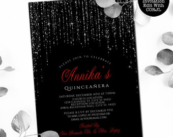 Red and Silver Quinceanera Invitation, Quinceanera Invitations, Red Quinceanera Invitations, Printable Quince Invitations, Corjl Template