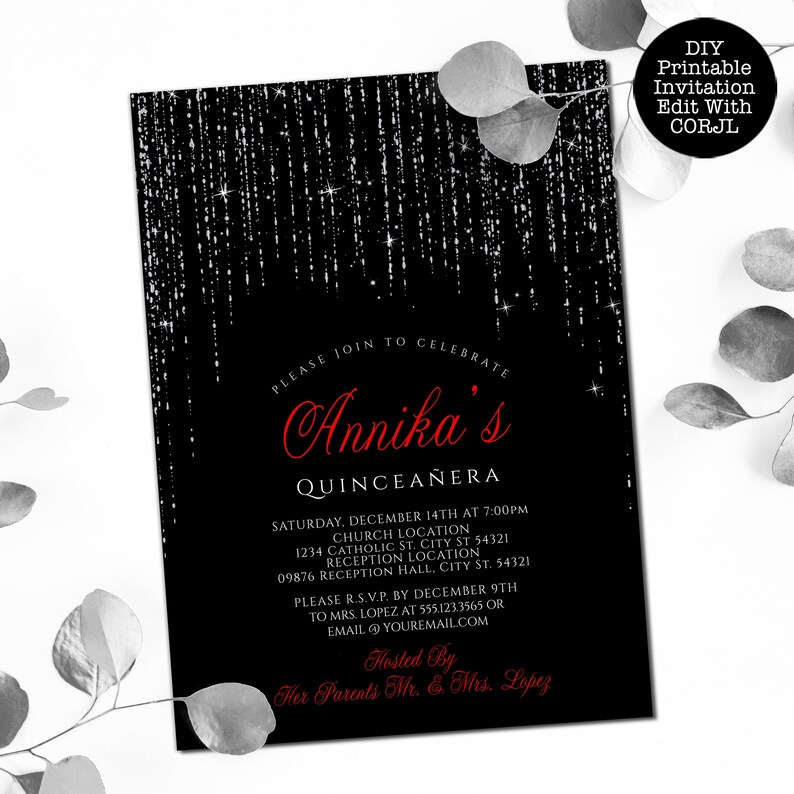 Editable Invitations For sweet 16 parties or Quinceanera features silver sparkles falling from the top of a black background with red rose accents. Designed By MetroEvents.