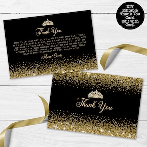Black and Gold Glitter Thank You Card, Black Thank You Card, Custom Thank you Card, Black Thank You, Editable Card, Corjl Template Card