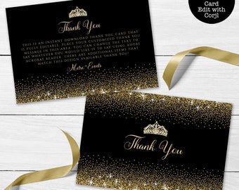 Black and Gold Glitter Thank You Card, Black Thank You Card, Custom Thank you Card, Black Thank You, Editable Card, Corjl Template Card